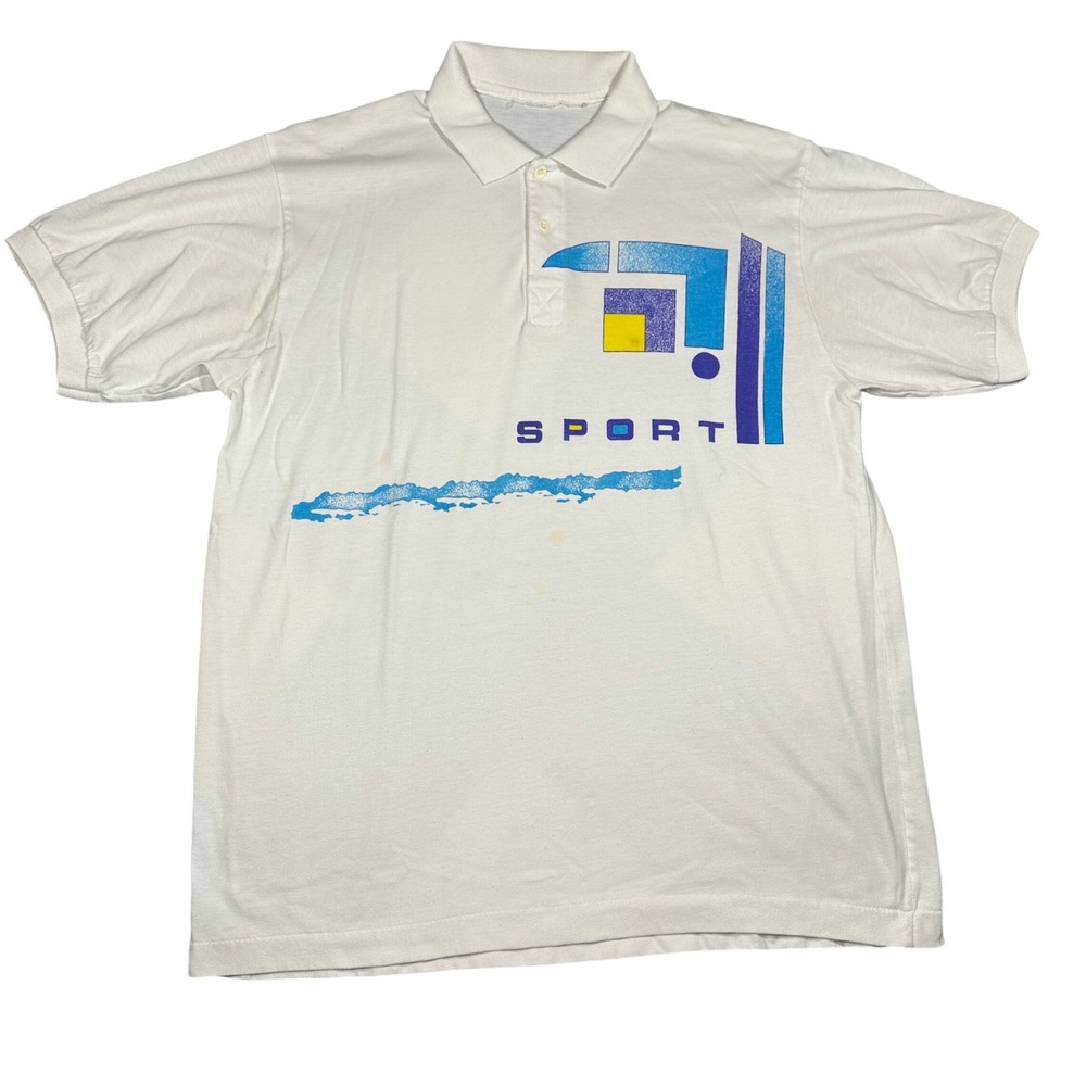 Vintage Sport Graphic Polo Shirt White Short Sleeve 80s 90s Geometric Retro XL